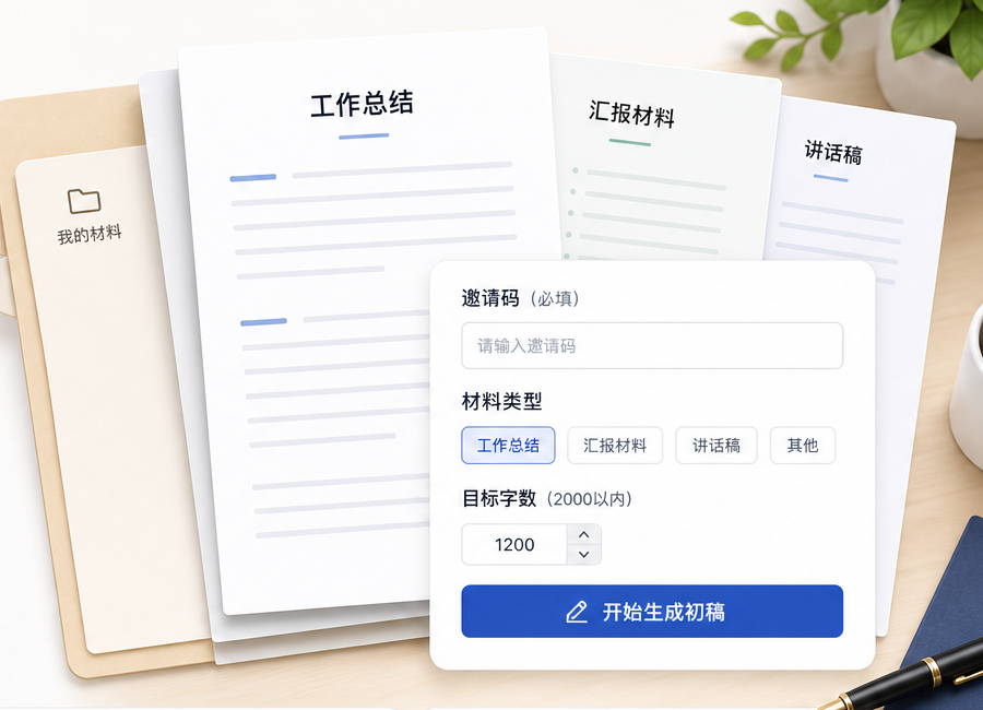 文策写作台示意：工作总结、汇报材料、讲话稿和生成表单